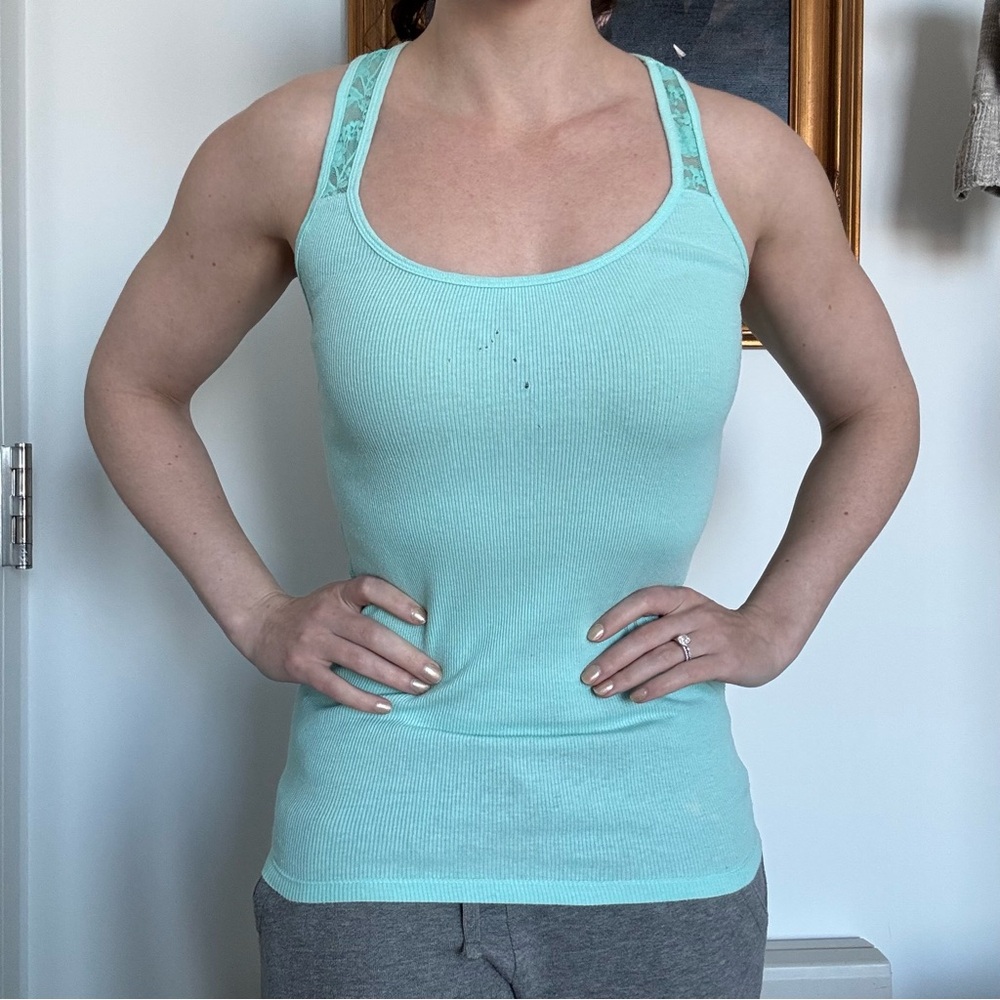 American Eagle Ribbed Aqua Tank Top Lace Back Y2K Summer Beach Rave Festival